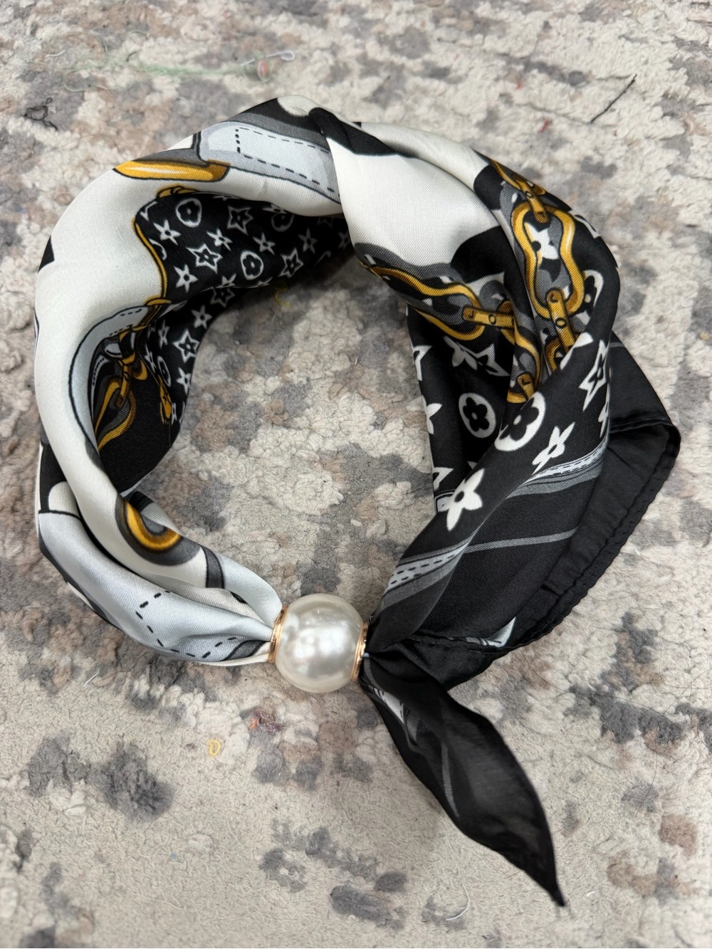 Black & White Chain Print Silk Scarf Necklace with Pearl Accent